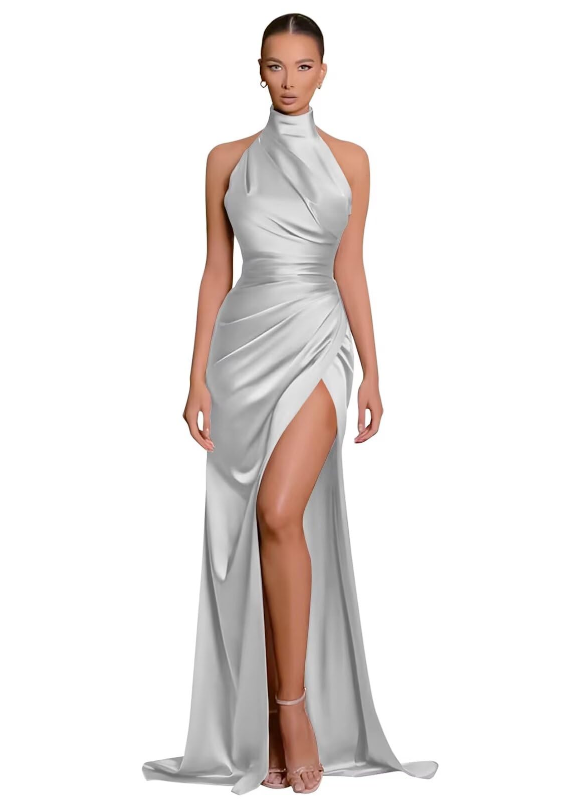 Clothfun Women's Halter Satin Bridesmaid Dresses Long Mermaid Prom Dress for Women Formal Gown with Slit