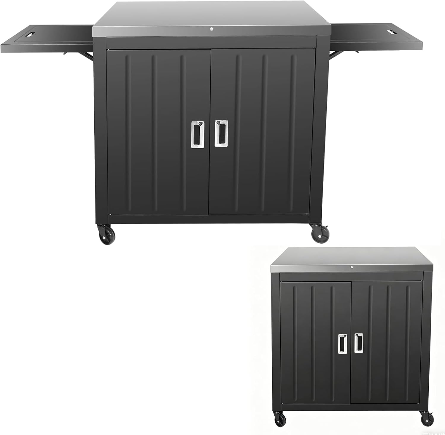 GFTIME Wózek grillowy 89,9 x 65 x 91,9 cm, wózek kuchenny do użytku na zewnątrz, z blatem roboczym ze stali nierdzewnej, 2 składane półki boczne, 2 drzwi i kółka, mobilny wózek do serwowania grilla