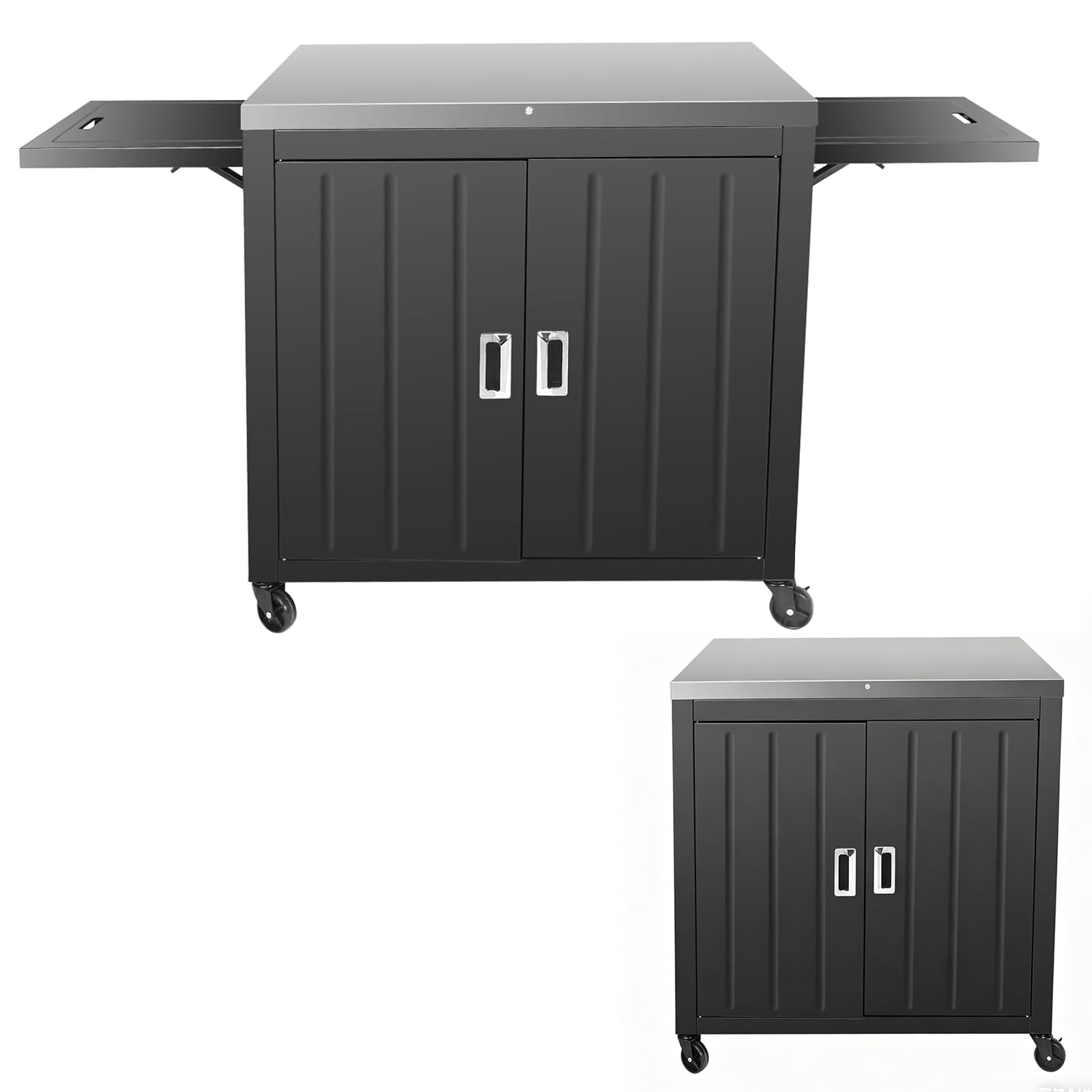 GFTIME Carrello da cucina per esterni, 89,9 x 65 x 91,9 cm, con piano di lavoro in acciaio inox, 2 ripiani laterali pieghevoli, 2 ante e ruote, carrello da portata mobile per barbecue, giardino