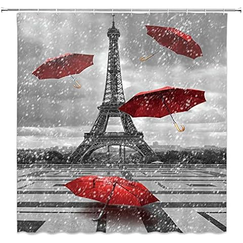 MNSC Paris Shower Curtain Eiffel Tower Romantic Vintage France Raining Red Umbrella Love Black White European City Landscape Modern Creative Decor Bathroom Curtain Fabric 71X71IN with Hooks,Gray Cover