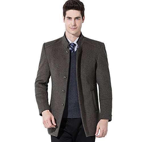Guandoo Men's Wool Coat Stand Collar Single Breasted Slim Wool Blend Pea Coat