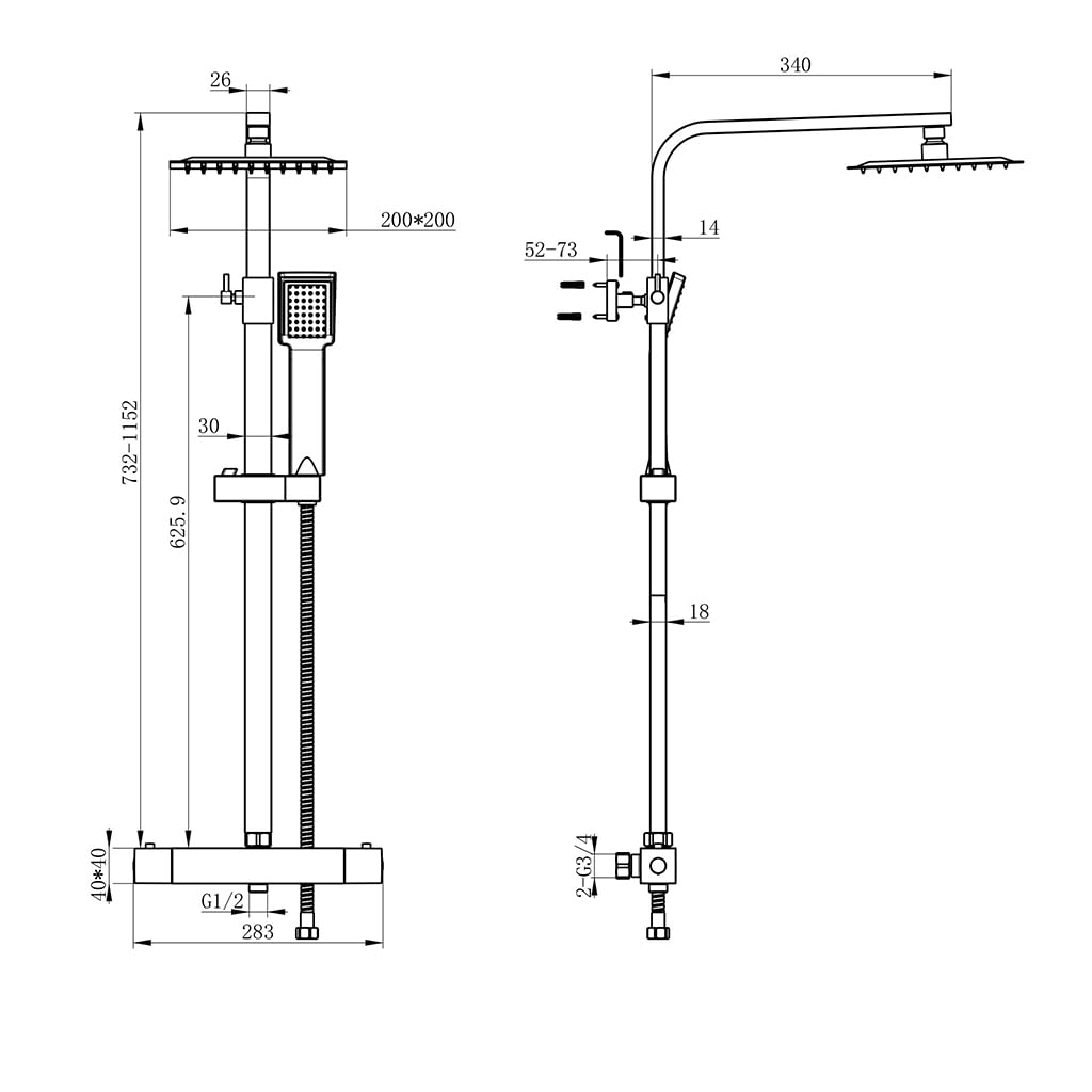 OCEAN ITALY Kit Doccia con Soffione, Doccetta, Miscelatore Quadrati, Soffione Doccia 20x20cm Acciaio Inox con Ugelli Anticalcare, Colonna Doccia Termostatico Antiscottatura, Nero Opaco