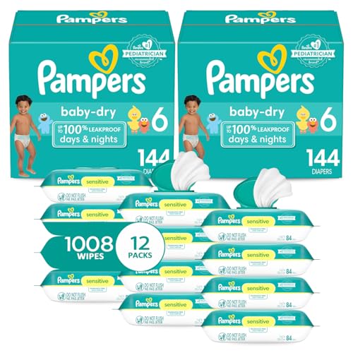 Image of Pampers Baby Dry Disposable Baby Diapers Size 6, 2 Month Supply (2 x 144 Count) with Sensitive Water Based Baby Wipes 12X Multi Pack Pop-Top and Refill (1008 Count)