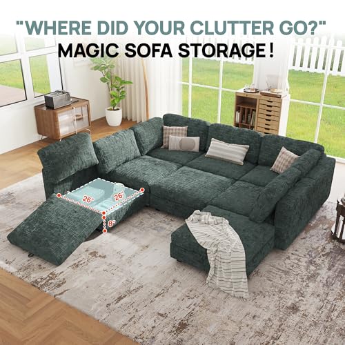 Image of 128 inch Modular Sectional Chenille Sofa bed with Hidden Storage, Comfy Modern 8 Seater Oversized Deep Seat Couch, Modular Sectional with Ottoman and Removable Cover for Living Room, Apartment, Green