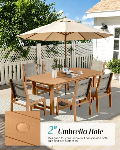 Image of Ciokea HDPE Outdoor Dining Set, Patio Table and 6 Stackable Chairs, Teak
