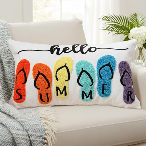 QIONG MENG Summer Pillow Covers 12x20 Inch Hello Summer Decor Coastal Decorations Flip Flop Decor Embroidered Beach Pillow Covers for Holiday Home Sofa Living Room Bedroom Farmhouse Cushion Case
