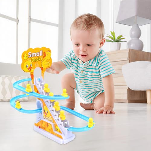 Tutamaz 12 Stück Elektrische Ente Treppensteigen Spielzeug, Enten Achterbahn, Duck Climbing Stairs Toy,Pädagogisches Spielzeug mit blinkenden Lichtern und Musik EIN-/Ausschalter