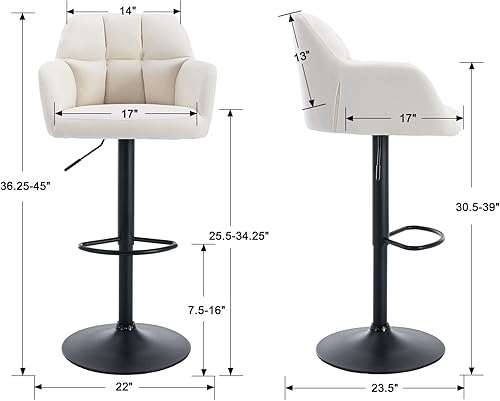 Miniatura 9 de Juego de 2 taburetes de bar giratorios modernos con altura de mostrador trasero, sillas de bar ajustables con reposapiés de metal, sillas de isla