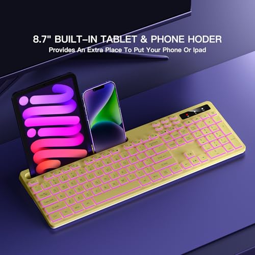 Image of Soueto Wireless Keyboard with 7-Color RGB Backlit, Full-Size Computer Keyboard with Phone Tablet Holder, 2.4G Rechargeable Gaming Keyboard with Light Up Keys, Compatible with Mac, Windows (Yellow)