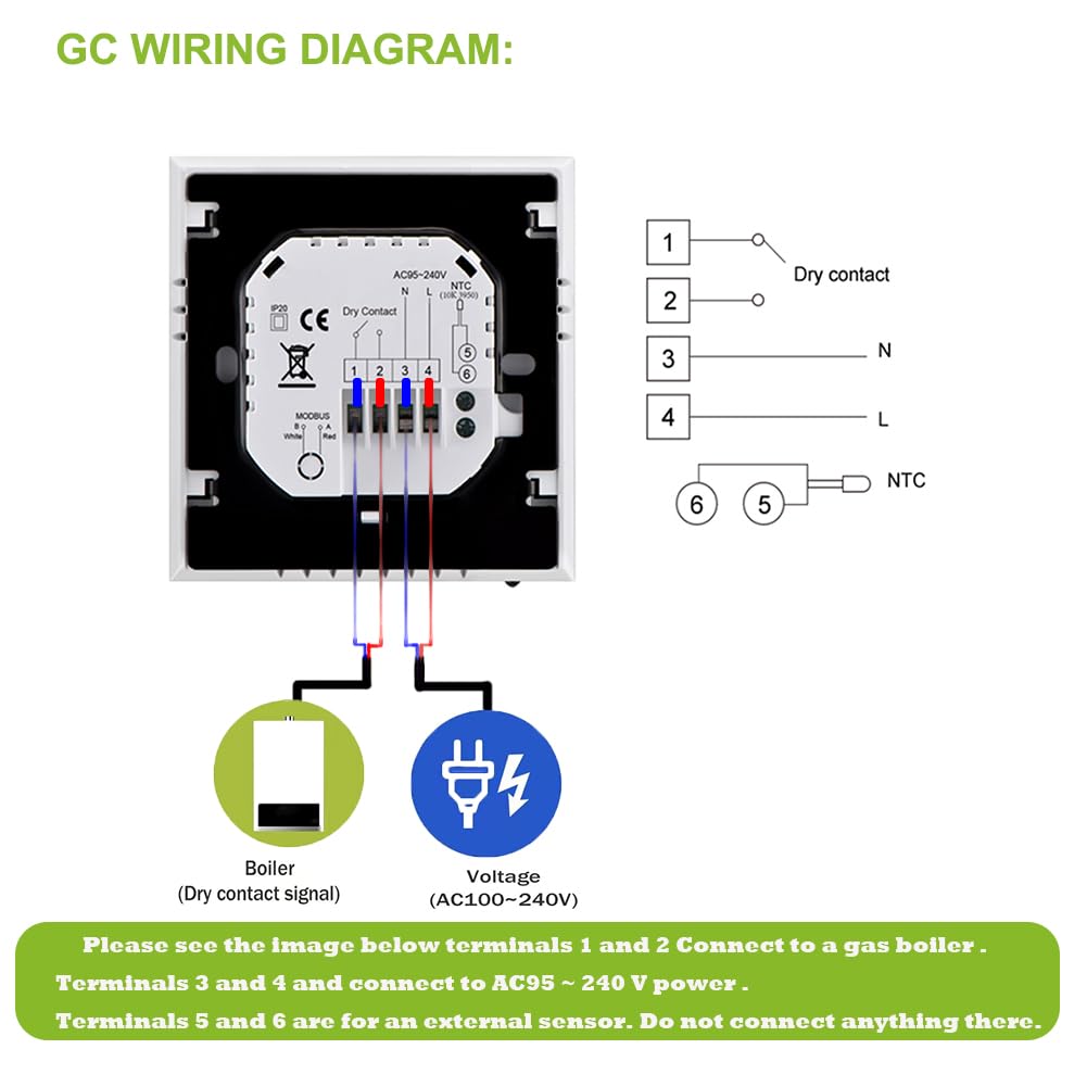 Termostato WiFi Color para Caldera Individual de Gas y Agua | Control Alexa Google Home, contacto seco 5A, voltaje 95‑240VAC, pantalla LED protectora de ojos