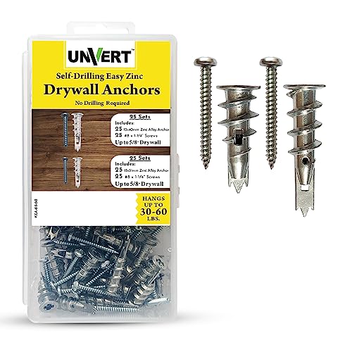 Zinc Self-Drilling Drywall Anchor with Screw Kit, Pack Includes 25 Large and 25 Small Anchors with Fitting Phillip Zinc Screws, Anchors Hold up to 30-60 Lb. No Pre Drill Hole Required