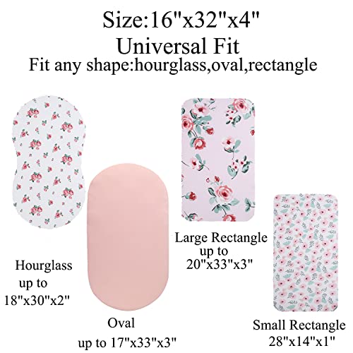 Image of Bassinet Sheet Set 4 Pack Snug Fitted Cradle Fitted Sheets, Stretchy Ultra Soft, for Oval Rectangle Hourglass Bassinet Mattress, Unisex Boy Girl, Floral /Pink