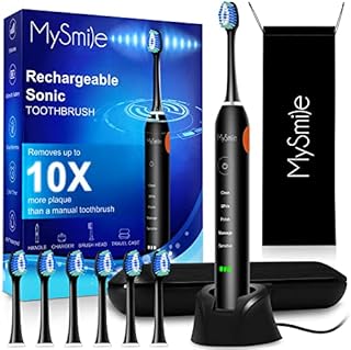 MySmile Electric Toothbrush for Adults, Rechargeable Sonic Electronic Toothbrush with 6 Bbrush Heads and Travel Case, 2 Mins 5 Modes Smart Timer, 48000VPM (Black)