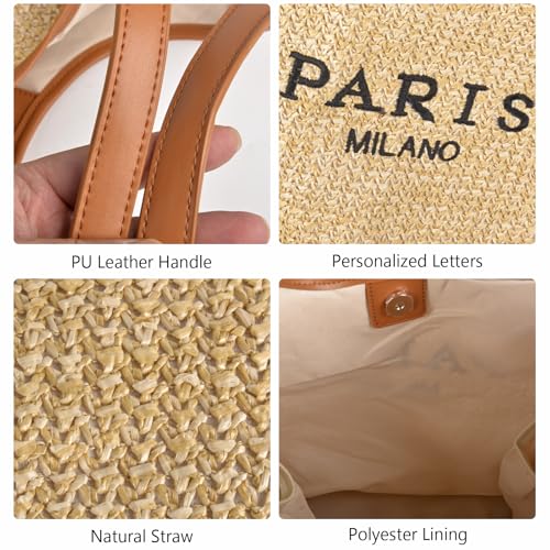 Women Straw Beach Tote Bag - Paris Milano Woven Handbag Summer Vacation Raffia Shoulder Bag with Wristlet Purse Wallet3