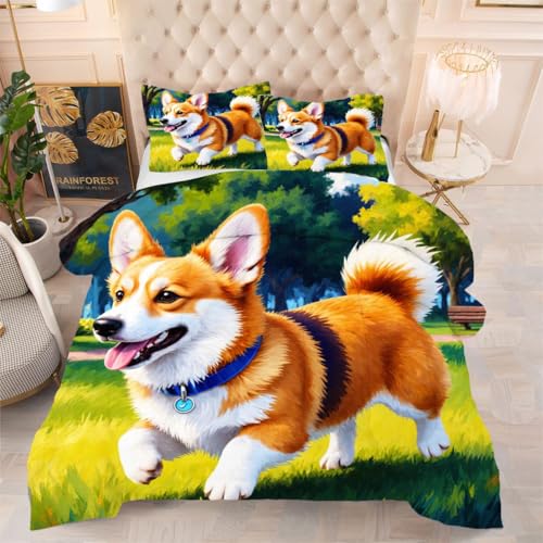ZZXHG Nórdico Transpirable y Suave | Corgi de Dibujos Animados, Edredón de Verano e Invierno, Muy Fácil de Lavar, Completo con 2 Fundas de Almohada, Ideal para Estudiantes, 150x200