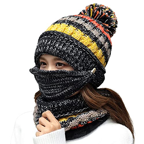 Gestrickter Hut, Hahepo Beanie Mütze mit Gesichtsabdeckungsschal Wintermützen Frauen Beanie Hat Futterkappe mit Pompom für Frauen Mädchen Cover