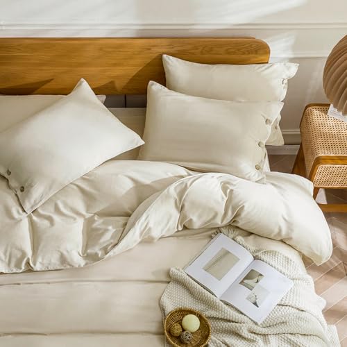 Image of JELLYMONI Cotton Duvet Cover Twin XL Size - Light Khaki Comforter Cover with Button 100% Washed Cotton 2PCS Breathable Soft Solid Bedding Set Duvet Cover 66x92in & 1 Pillowcase (NO Comforter)
