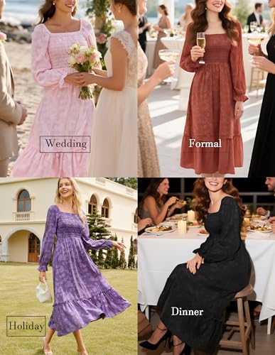 GRACE KARIN 2025 Women's Long Sleeve Floral Wedding Guest Dress,Square Neck Boho Maxi Dress, Flowy Elegant Fall Dress2