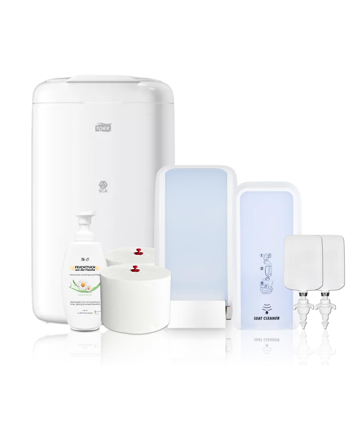 SET Damentoilette Komplettsystem Weiß | Damentoiletten-Komplettset mit Cosmos Spendern, Sitzreiniger, Intimschaum und Hygienezubehör