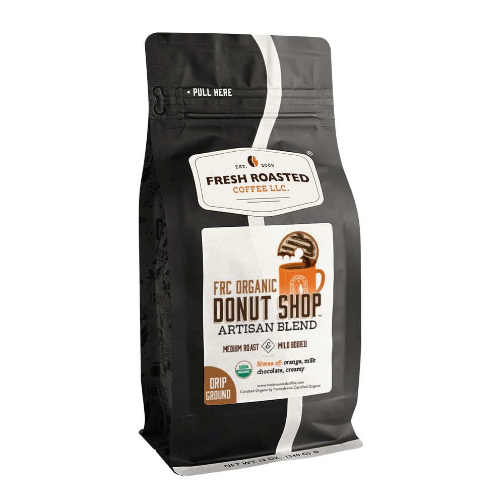 Fresh Roasted Coffee, Organic Donut Shop Drip Ground Coffee, Medium Roast, USDA Organic, Kosher, 12 oz