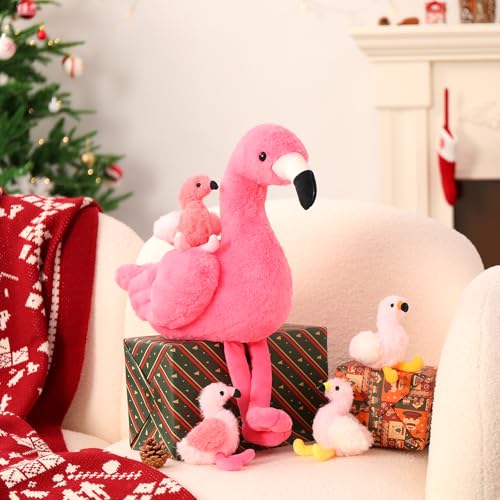 MorisMos 45cm sitzend Plüsch Flamingo mit 4 Baby im Bauch, Rosa Süß Kuschelig Flamingon Plüschtier Stofftier, Weich Spielzeug Dekokissen Geburtstag Themeparty Weihnachten Geschenk