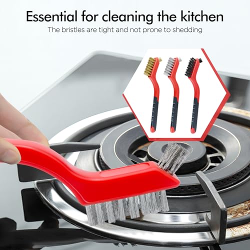 Image of 3 Pcs, Wire Brush Set, 7 Inch, Red | Stainless Steel /Brass /Nylon, Cleaning Rust, Welding Slag Removal, Paint and Dirt Removal, Sturdy And Durable