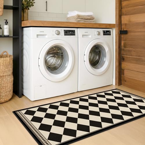 Black and White Checkered 2x5 Easy Jute Laundry Room Rug