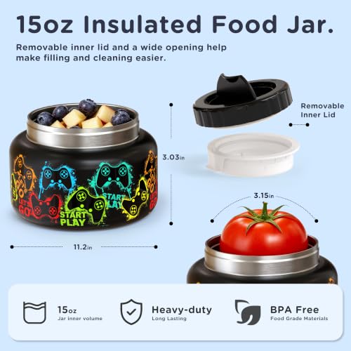 Image of MAISON HUIS 15oz Soup Thermo Wide Mouth Vacuum Insulated Stainless Steel Food Jar, Leak Proof for Hot&Cold Food Kids Lunch Container for School Travel (Black-Games Console)