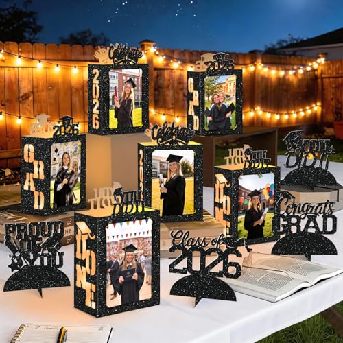 10 Pcs 2026 Graduation Table Decorations Boxes Black Photo Display Graduation Centerpieces Picture Frames Props with String Lights for Class of 2026 School College Congrats Grad Party Favor Gifts