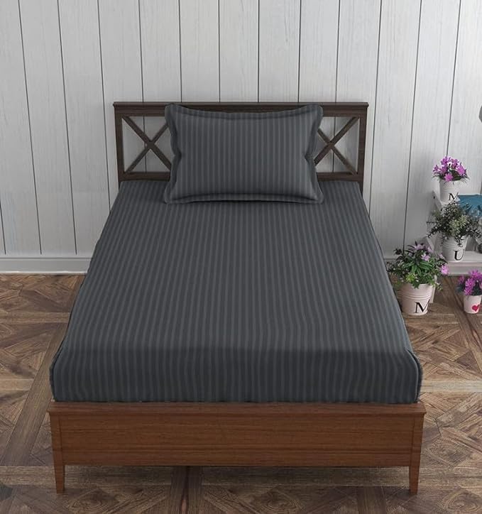 Image of DECOR2ADMIRE 300 TC Premium Glace Cotton All Round Elastic Fitted Plain Stripe Pastel Shades Queen Size Bedsheet with 2 Pillow Covers (Dark Grey, Single 60 inch x 90 inch)