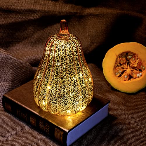 Image of Romingo Mercury Glass Pumpkin Light with Timer for Halloween Pumpkin Decorations Fall and Thanksgiving Decor,Gold, 8.7 inches