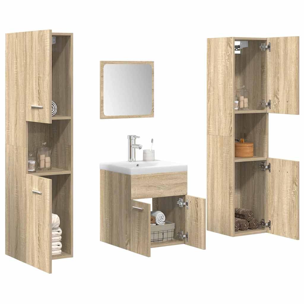 Set Mobili da Bagno 5 Pezzi Rovere Sonoma Legno Multistrato | Lavabo in ceramica bianco, specchio in vetro, montaggio a parete, ampio spazio portaoggetti