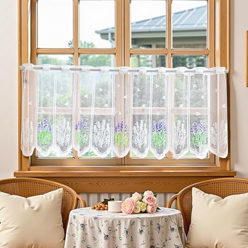 FOSDICK Blanc Rideau Cuisine Court Anciens Dentelle Rideau Court Rideaux Courts avec Motif Floral Rideaux Voilage de Cuisine Vintage Transparente Curtains...
