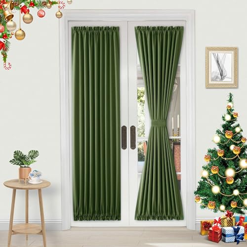 Image of DWCN French Door Curtains - Rod Pocket Thermal Blackout Curtain for Window /Patio Doors /Doorways /Classroom /Kitchen for Privacy, 23W by 72L Inches, 1 Panel with Tieback, Olive Green