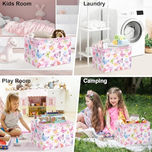 Image of Clastyle Kid Storage Basket Butterfly Foldable Clothes Laundry Hamper, 36L | Waterproof Large Book Gift Toy Organizer Nursery Bin, Girl Room Playroom Bedroom Bathroom, Dream Purple Pink Shelf Basket