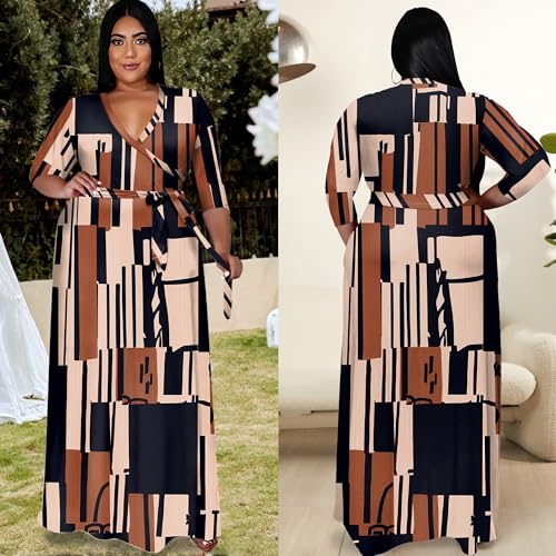 Image of Runwind Plus Size Dresses for Women Floral Maxi Dress Flowy 3 /4 Sleeve with Belt