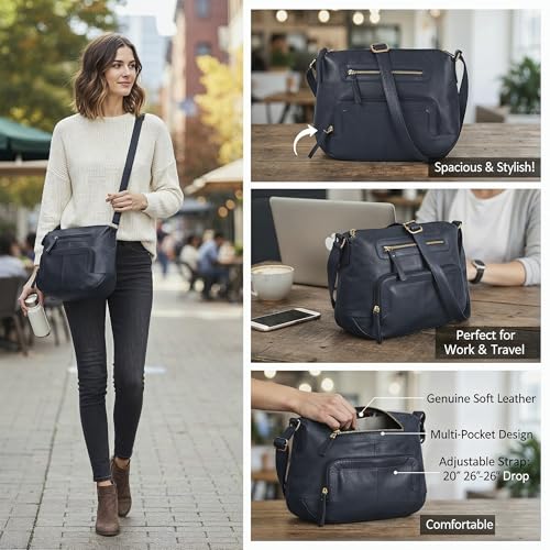 Image of Oak Leathers Women's Crossbody Bag - Genuine Leather Crossover Shoulder Purse With Adjustable Sling Strap - Medium Size