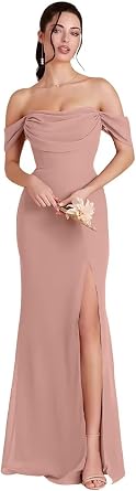 yinyyinhs Off Shoulder Chiffon Bridesmaid Dresses for Women 2026 Long Ruched Cowl Neck Formal Evening Party Dress with Slit