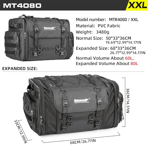 Image of Rhinowalk Motorcycle Tail Bag 60-80L Motorcycle Rear Seat Bag Expandable Motorbike Helmet Bag with Waterproof Rain Cover Travel Luggage Bag Storage Bag
