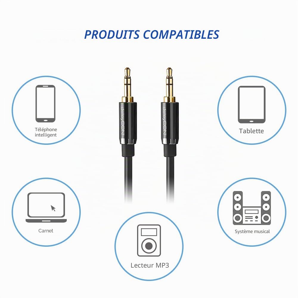 deleyCON 10m Câble Jack 3,5mm AUX Câble Audio Stéréo Fiche Jack Droite pour PC Laptop Smartphone Tablette Voiture Récepteur HiFi - Noir