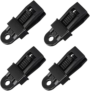 Heavy-Duty Tarp Clip Fasteners – 4-Pack Locking Grip Clamps with Guy-Line Hole for Canopy, Shade Net, Camping Tent or Rain Fly, Wind-Proof & Reusable – Black