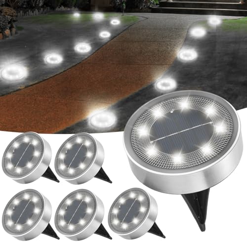Jsdoin 6PCS Solar Floor Lights Outdoor, 8 LED Lights Waterproof Outdoor Light, IP68 Garden Light Stainless Steel Solar Lamp for Walkway, Terrace, Outdoor, Lawn, Entrance (White)