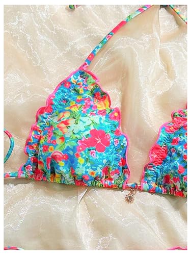 Women's 2 Piece Floral Halter Bikini Set Ruffle Trim High Cut String Swimsuits Boho Bathing Suits3