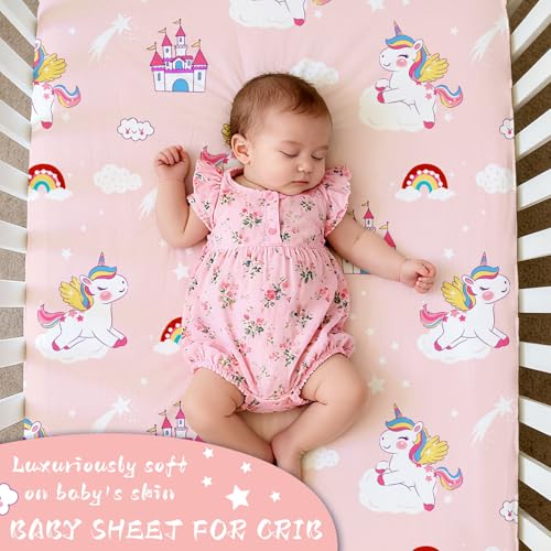 Image of Cloele Unicorns Fitted Crib Sheets,Pink Castle Unicorns, 1 Pack,52x28in | Baby Crib Sheets, For Standard Crib and Toddler Mattresses, Nursery Bed Sheet, For Baby Girls