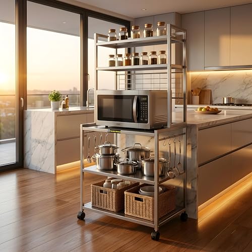 Image of Metal Microwave Oven Stand with Storage Shelves & Hooks | Heavy Duty Multi-Level Kitchen Rack with Wheels | Appliance Organizer (MS 5 Silver)