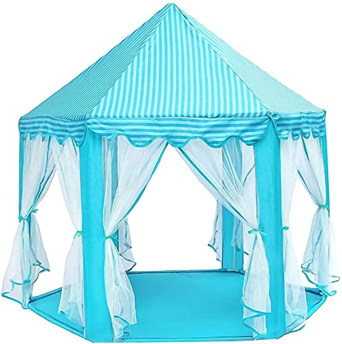 Image of BabyGo Kids Prince Princess Castle Theme Play Tent with Mosquito Net Design for Kids (Blue) | Indoor & Outdoor Playhouse for 2-12 Years | Size 140 x 135 x 70 cm