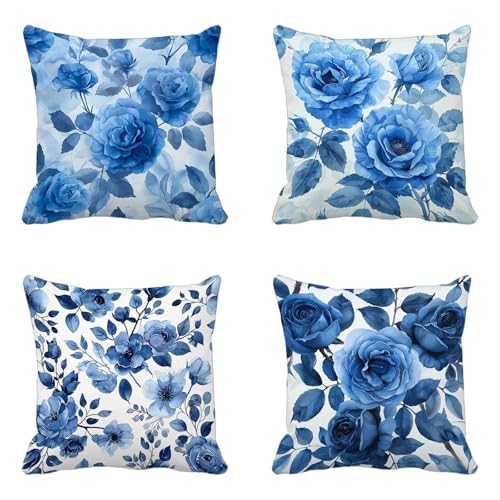 クッションカバー 青 クッションカバー 75x75cm 4枚組, 柔 Cushion Cover 薔薇 Cushion Cover おしゃれ 洗濯機丸洗い 隠れるファスナー ソファ用 家庭装飾 洋室 車用 装飾枕 雰囲気 部屋飾りギフト -yxy2504N