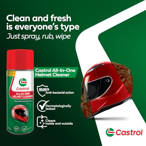 Image of Castrol All-in-One Helmet Cleaner - Anti-Odour & Anti-Bacterial foaming Spray | One Spray for Helmet Inside & Out | Dermatologically Tested | Quick Drying | Suitable for All Helmets (125ml)