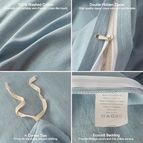 Image of ECOCOTT Light Blue Duvet Cover Full Size - 100% Washed Cotton Durable Soft Comfy Duvet Cover Set, 3 Pieces Duvet Cover with Zipper Closure (80''x90'')