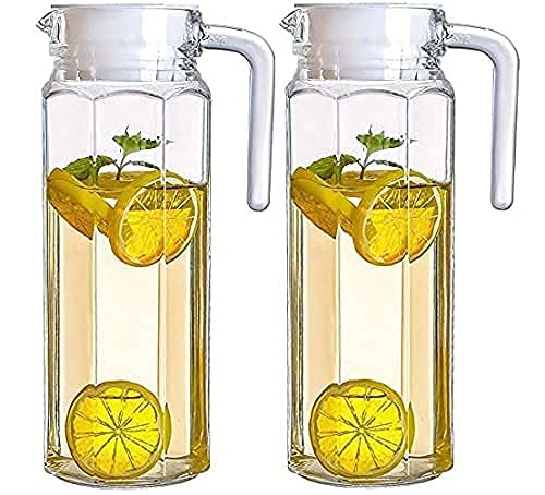 Image of IndusBay Set of 2, 1100 ml Glass Jug Pitcher with Plastic lid Iced Tea Pitcher Water jug hot Cold Water ice Tea, Milk and Juice Beverage Carafes 1.1 LTR Each, Transparent